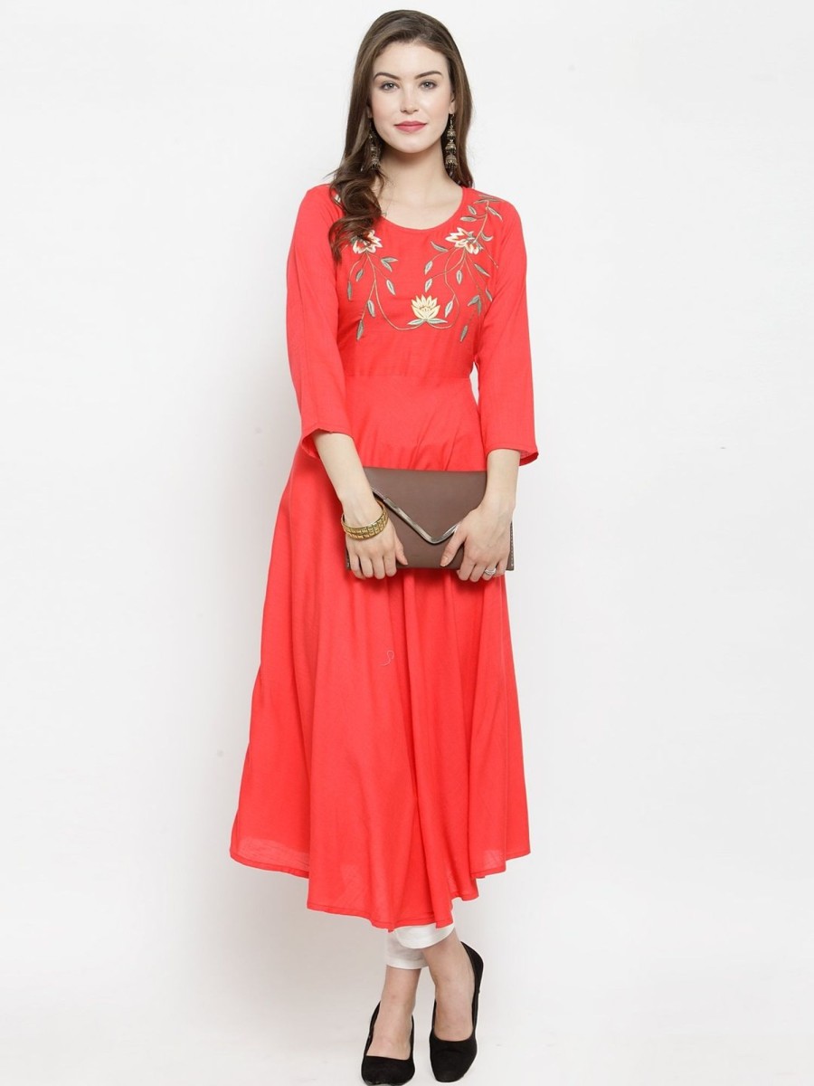 Women Jompers | Women'S Peach Embroidered Flaired Kurta - Jompers