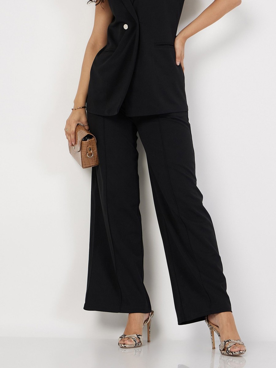 Women Lyush | Women'S Black Front Dart Palazzo Pants - Lyush