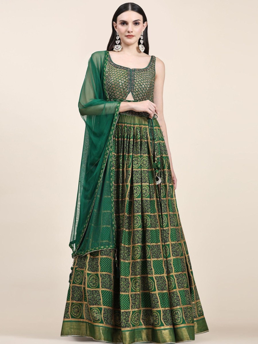 Women Phenav | Women'S Ethnic Motifs Printed Sequined Silk Empire Ethnic Gown With Dupatta - Phenav Green