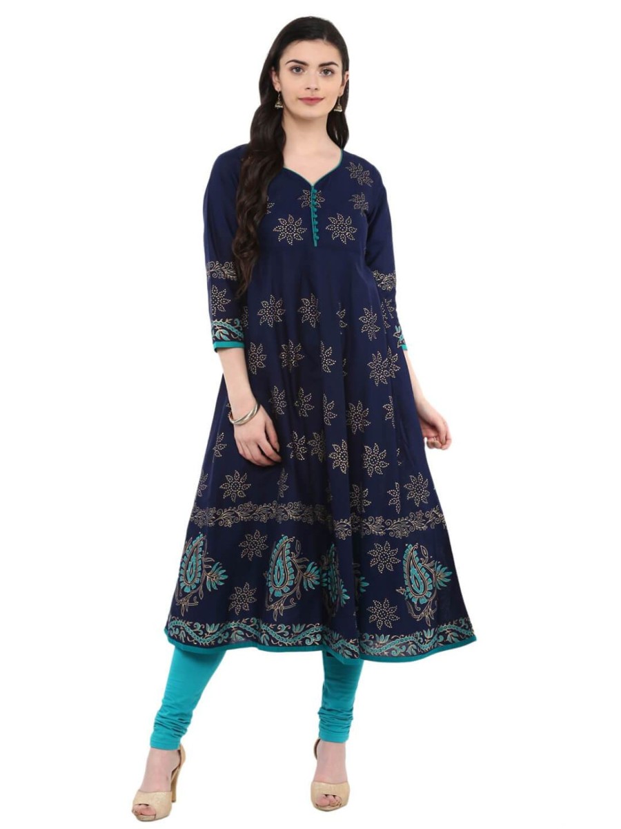 Women NOZ2TOZ | Women'S Navy Blue Ajrakh Hand Block Printed Cotton Anarkali - Noz2Toz