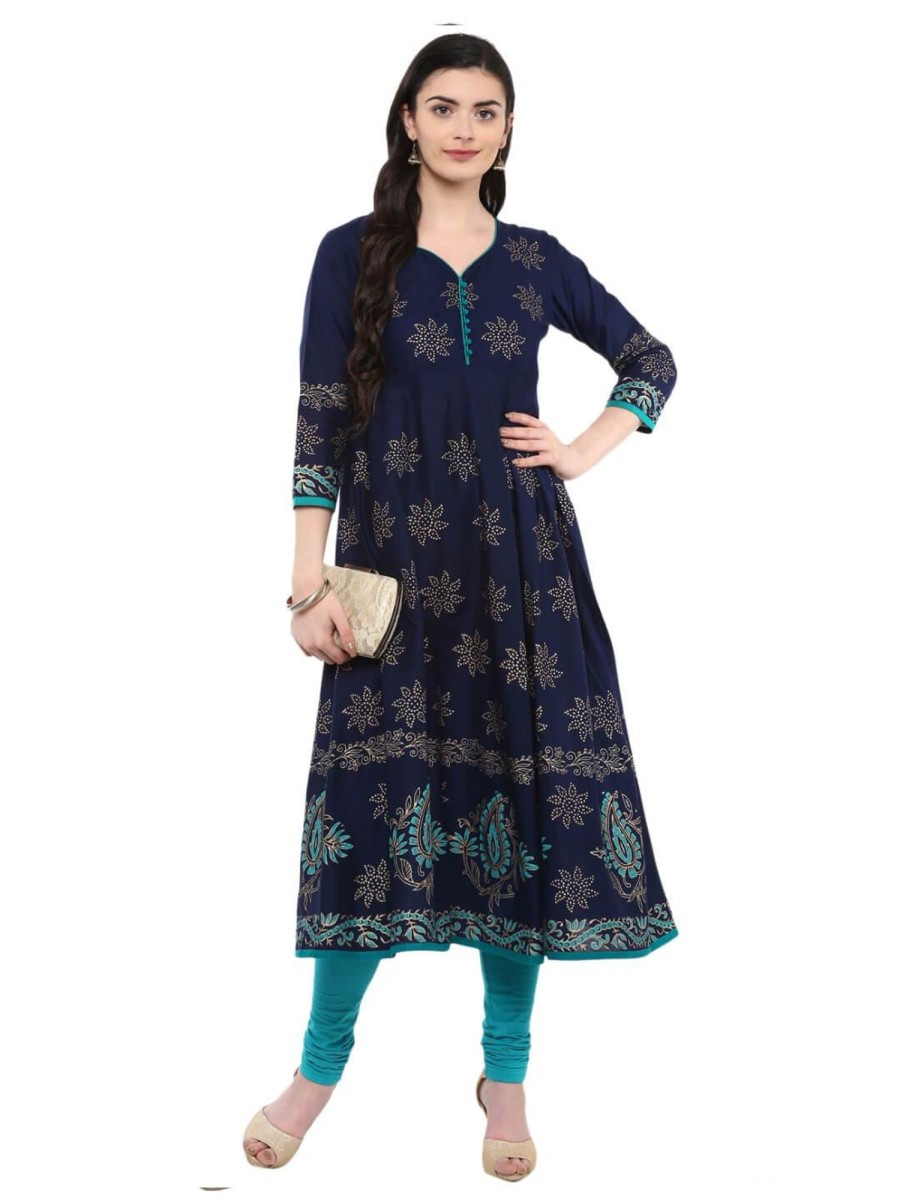 Women NOZ2TOZ | Women'S Navy Blue Ajrakh Hand Block Printed Cotton Anarkali - Noz2Toz