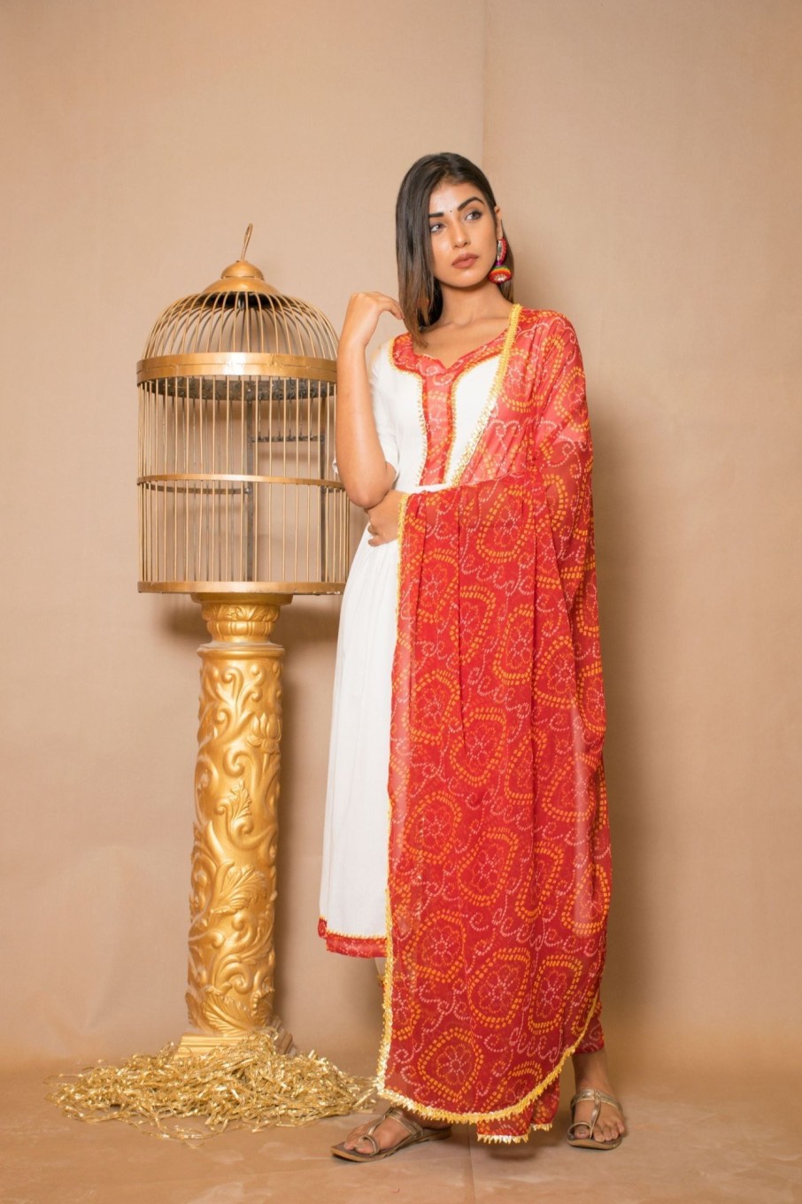 Women Final Clearance Sale | Women'S White And Red Anarkali Suit Set (3Pc Set) - Final Clearance Sale