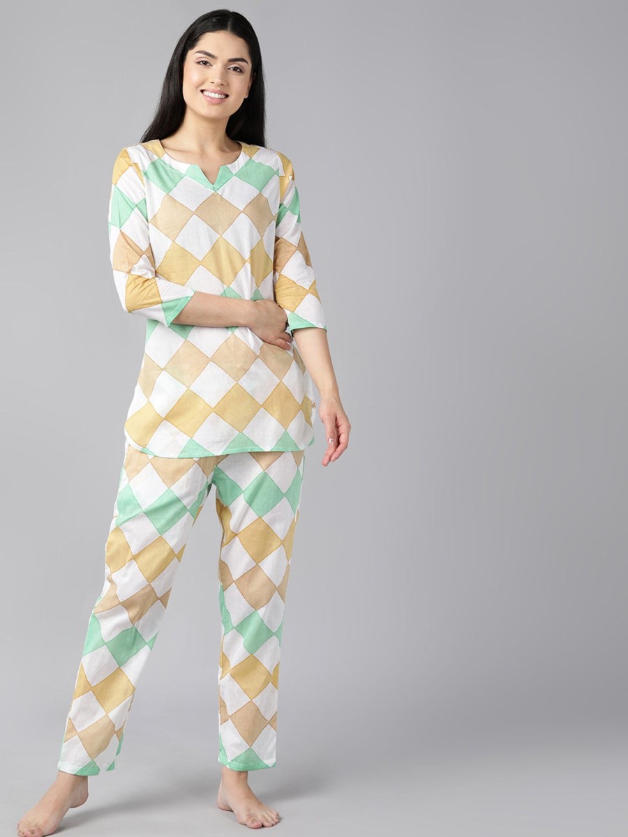 Women Ahika | Women'S Cotton Geometric Print Printed Night Suit - Ahika White