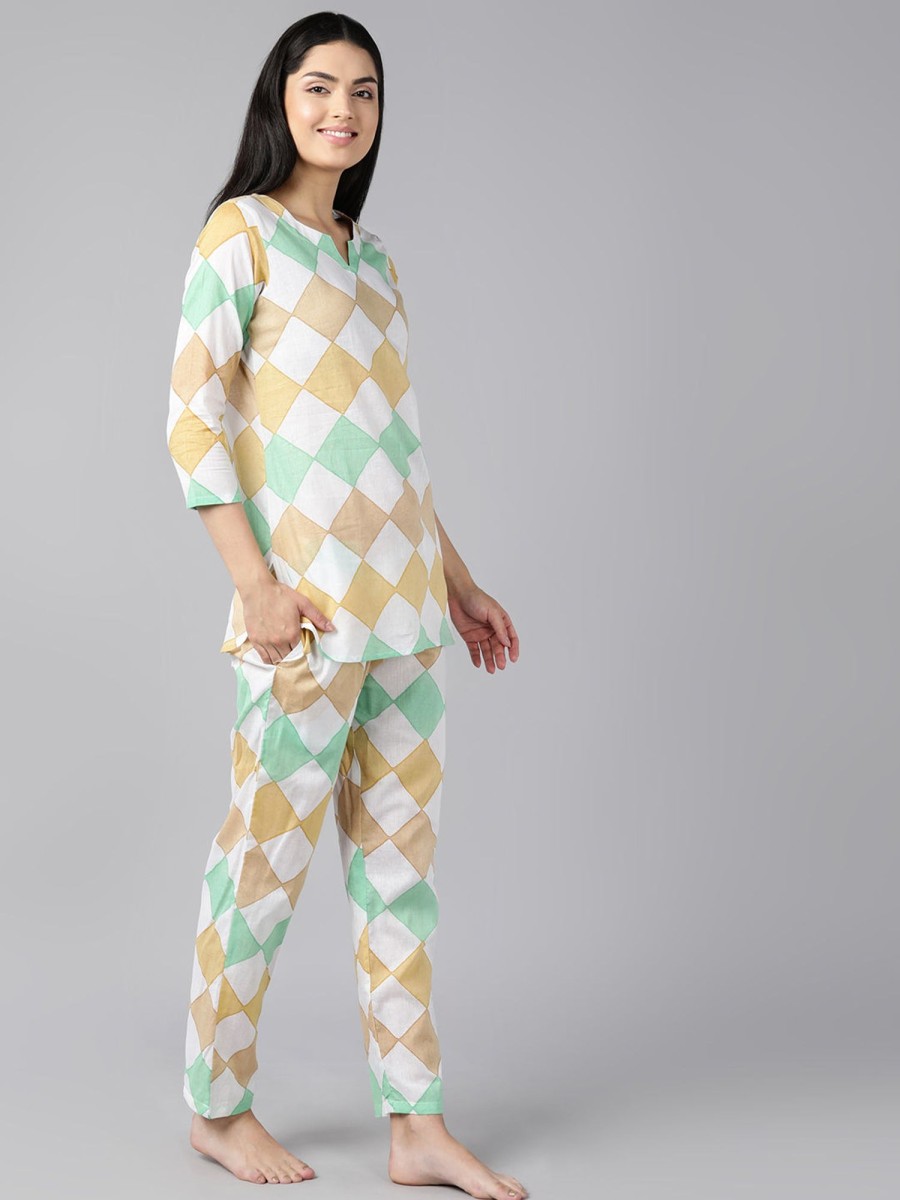 Women Ahika | Women'S Cotton Geometric Print Printed Night Suit - Ahika White