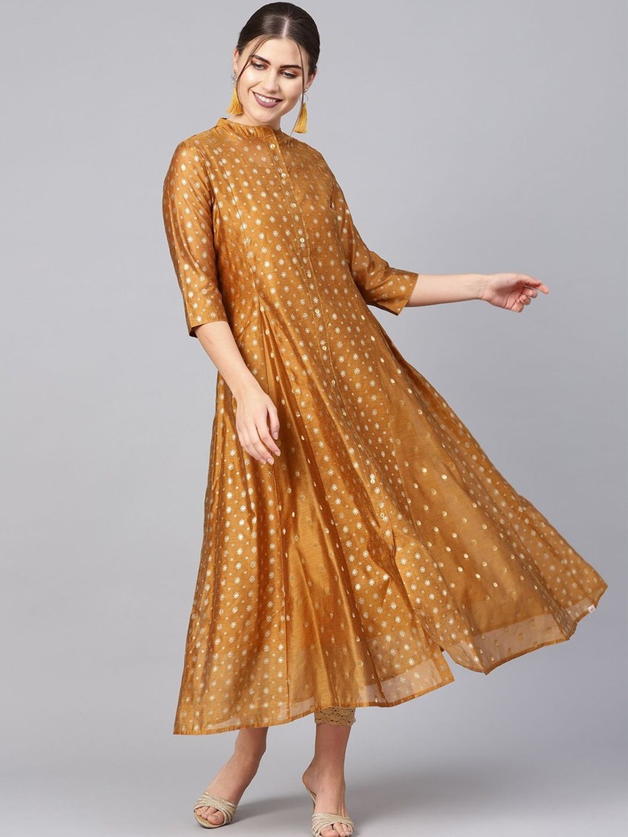 Women Juniper | Women'S Chanderi Printed Layered Kurta - Juniper Mustard