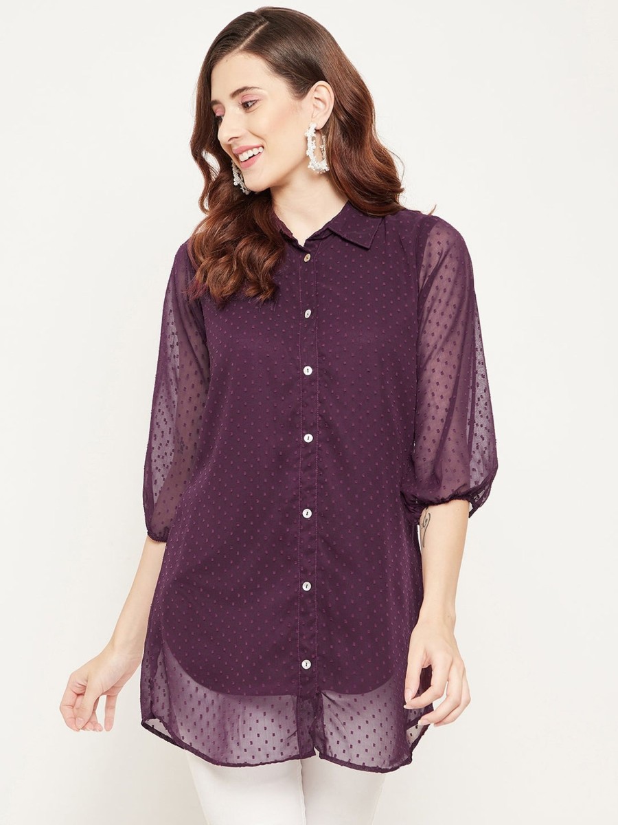 Women BitterLime | Women'S Solid Shirt Collar Dobby Tunic - Bitterlime Burgundy