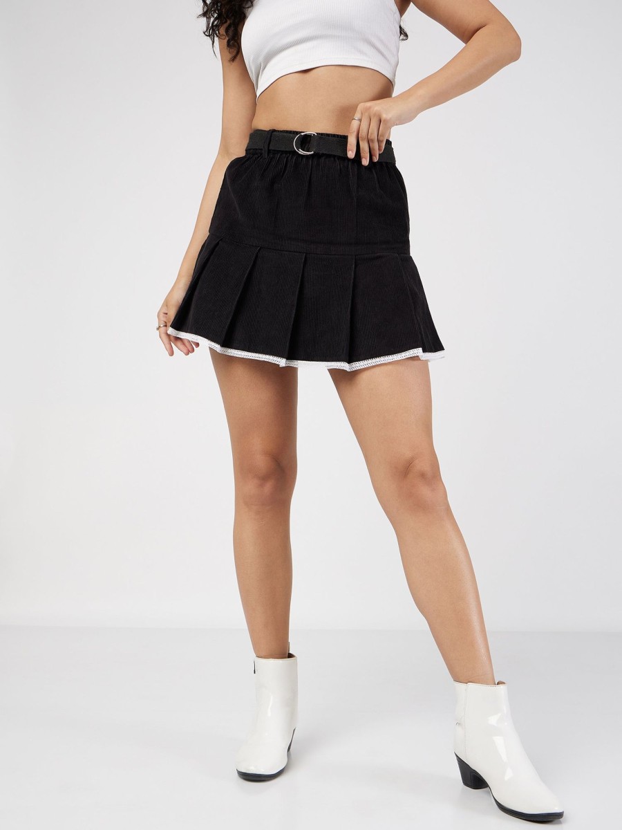 Women Lyush | Women'S Black Corduroy Pleated Mini Skirt - Lyush