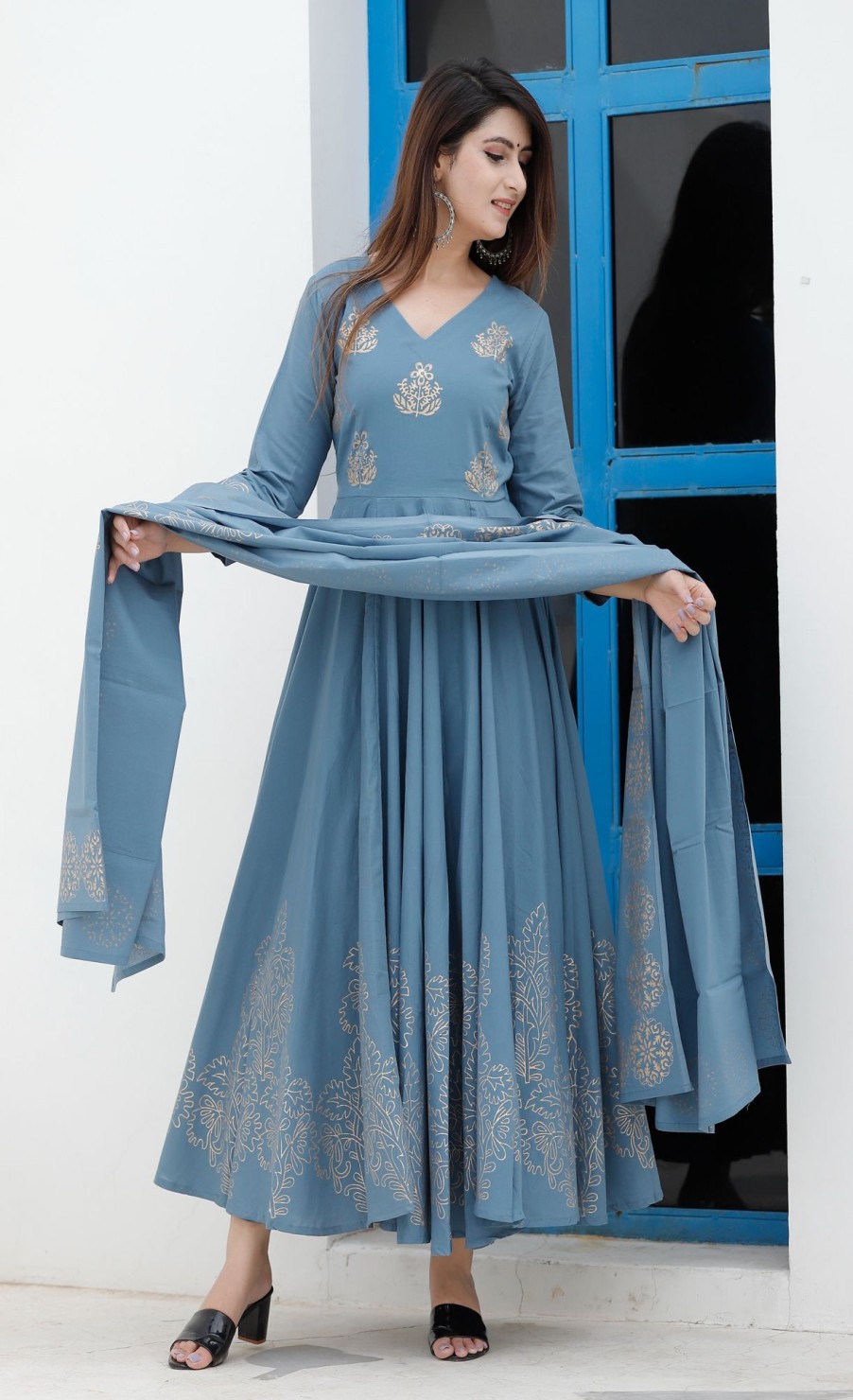 Women Geeta Fashion | Women'S Steel Hand Block Anarkali Set - Geeta Fashion Blue