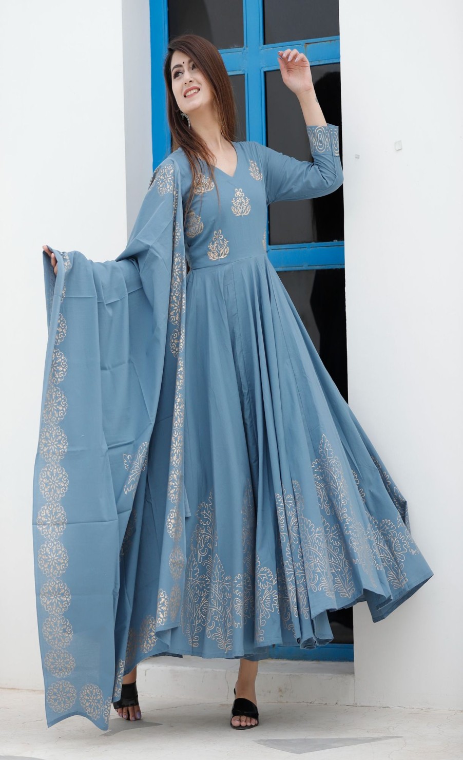 Women Geeta Fashion | Women'S Steel Hand Block Anarkali Set - Geeta Fashion Blue