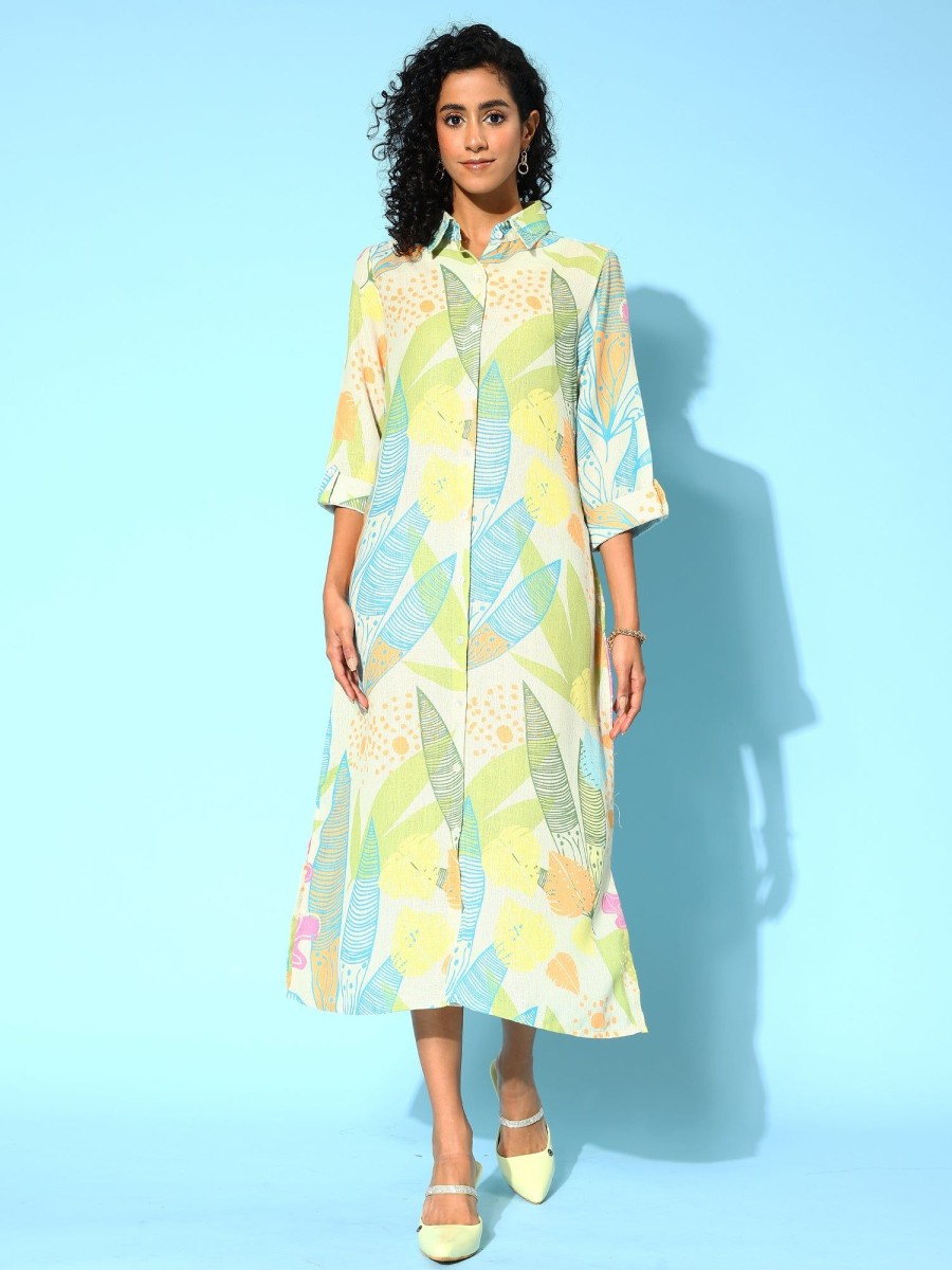 Women Indo Era | Women'S Ethnic Motifs Print Shirt Midi Dress - Indo Era Green