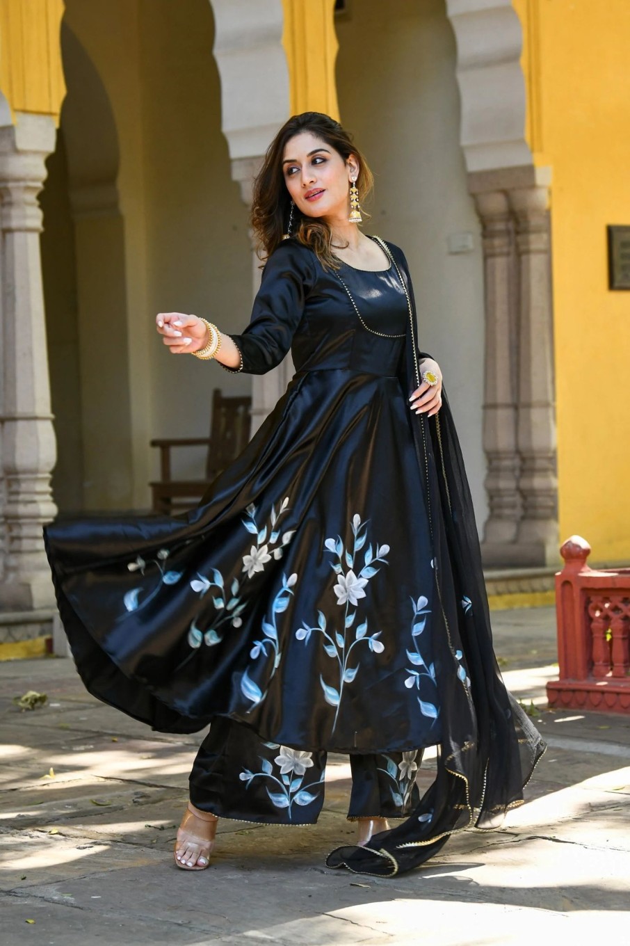 Women SARAS THE LABEL | Women'S Black Anarkali Kurta With Dupatta- (3Pc Set) - Saras The Label