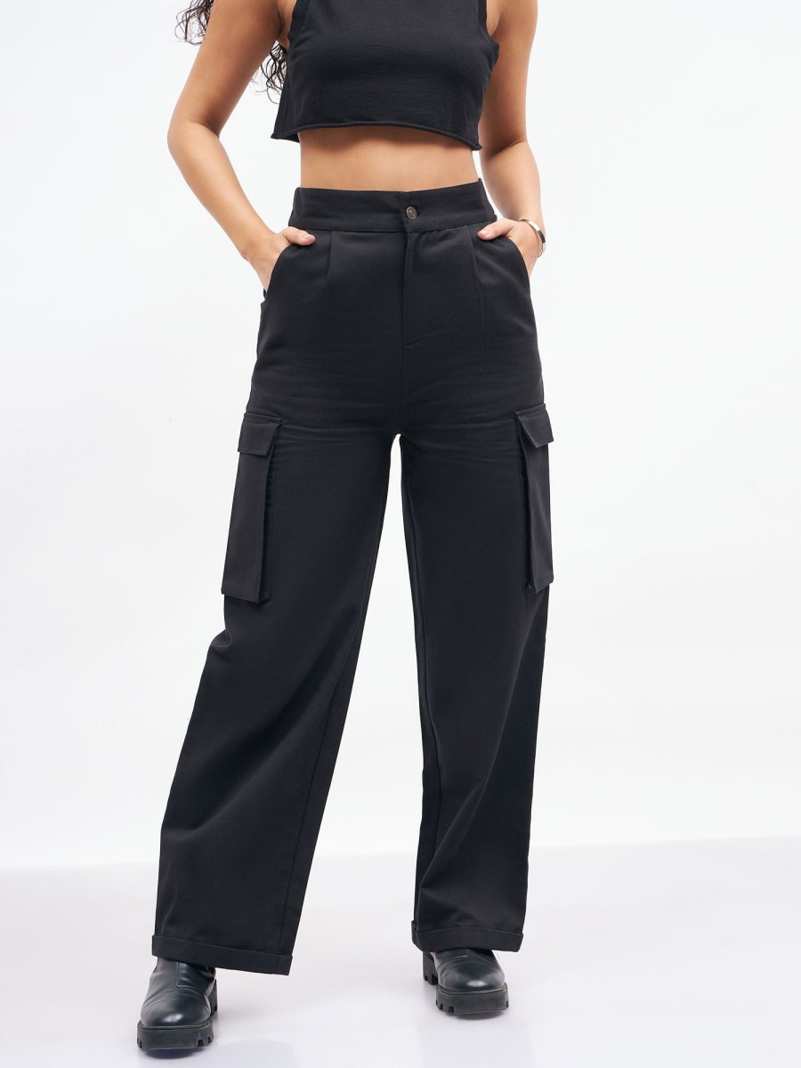 Women Lyush | Women'S Black Box Pockets Straight Pants - Lyush