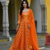 Women Saras The Label USA | Women'S Orange Silk Anarkali Gown With Dupatta- (2Pc Set) - Saras The Label Usa