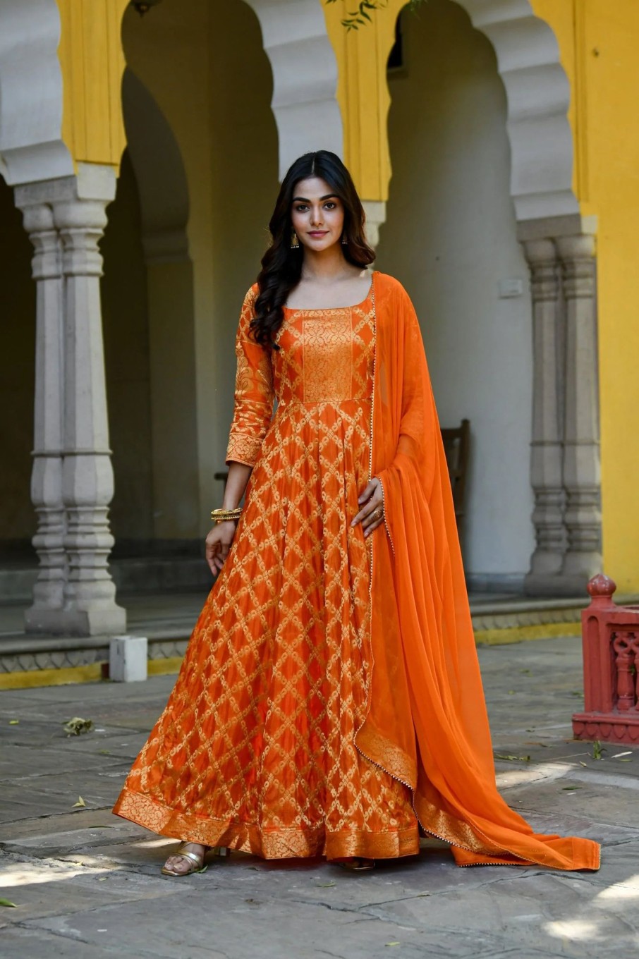 Women Saras The Label USA | Women'S Orange Silk Anarkali Gown With Dupatta- (2Pc Set) - Saras The Label Usa