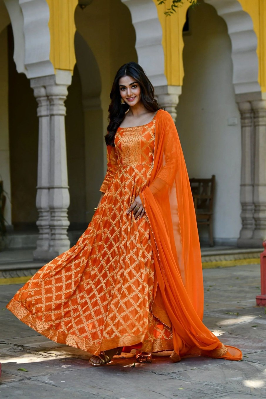 Women Saras The Label USA | Women'S Orange Silk Anarkali Gown With Dupatta- (2Pc Set) - Saras The Label Usa