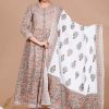 Women Miravan | Women'S Partywear Floral Printed Gota Work Long Anarkali With Dupatta Set - Miravan Brown