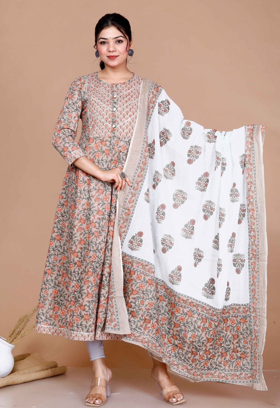 Women Miravan | Women'S Partywear Floral Printed Gota Work Long Anarkali With Dupatta Set - Miravan Brown