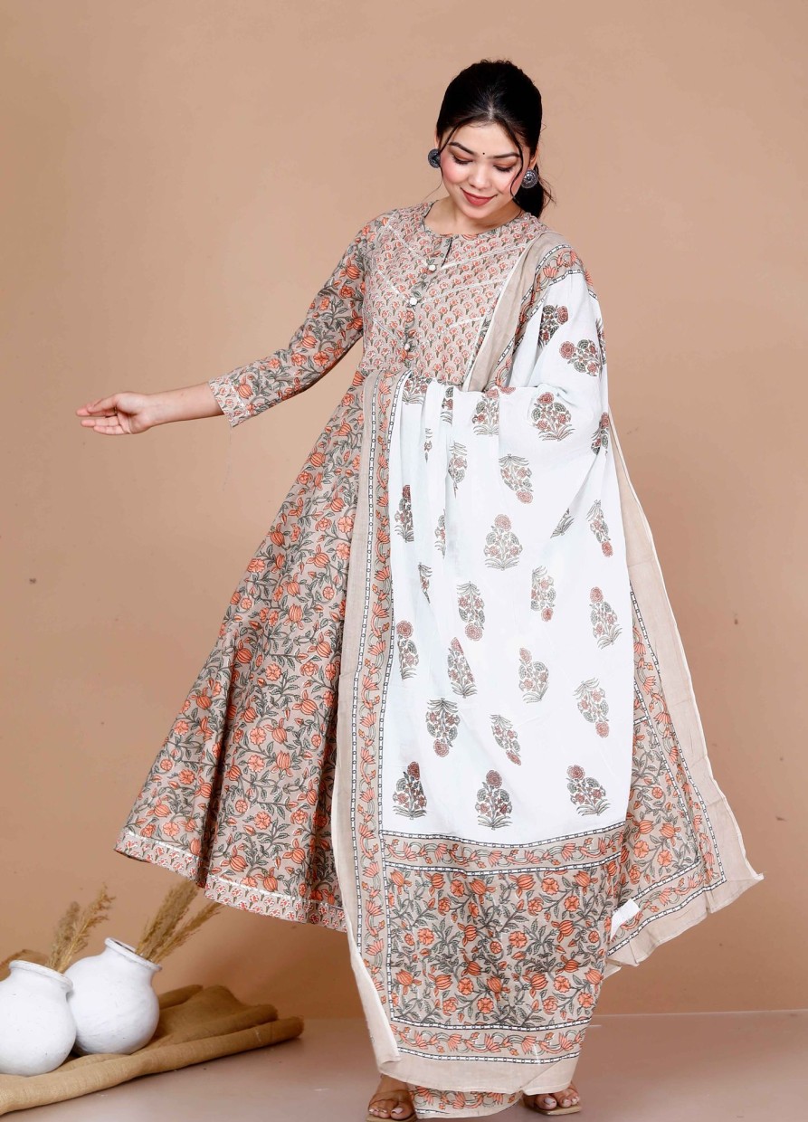 Women Miravan | Women'S Partywear Floral Printed Gota Work Long Anarkali With Dupatta Set - Miravan Brown