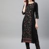 Women Ziyaa | Women'S Colour Foil Print Straight Crepe Kurta - Ziyaa Black