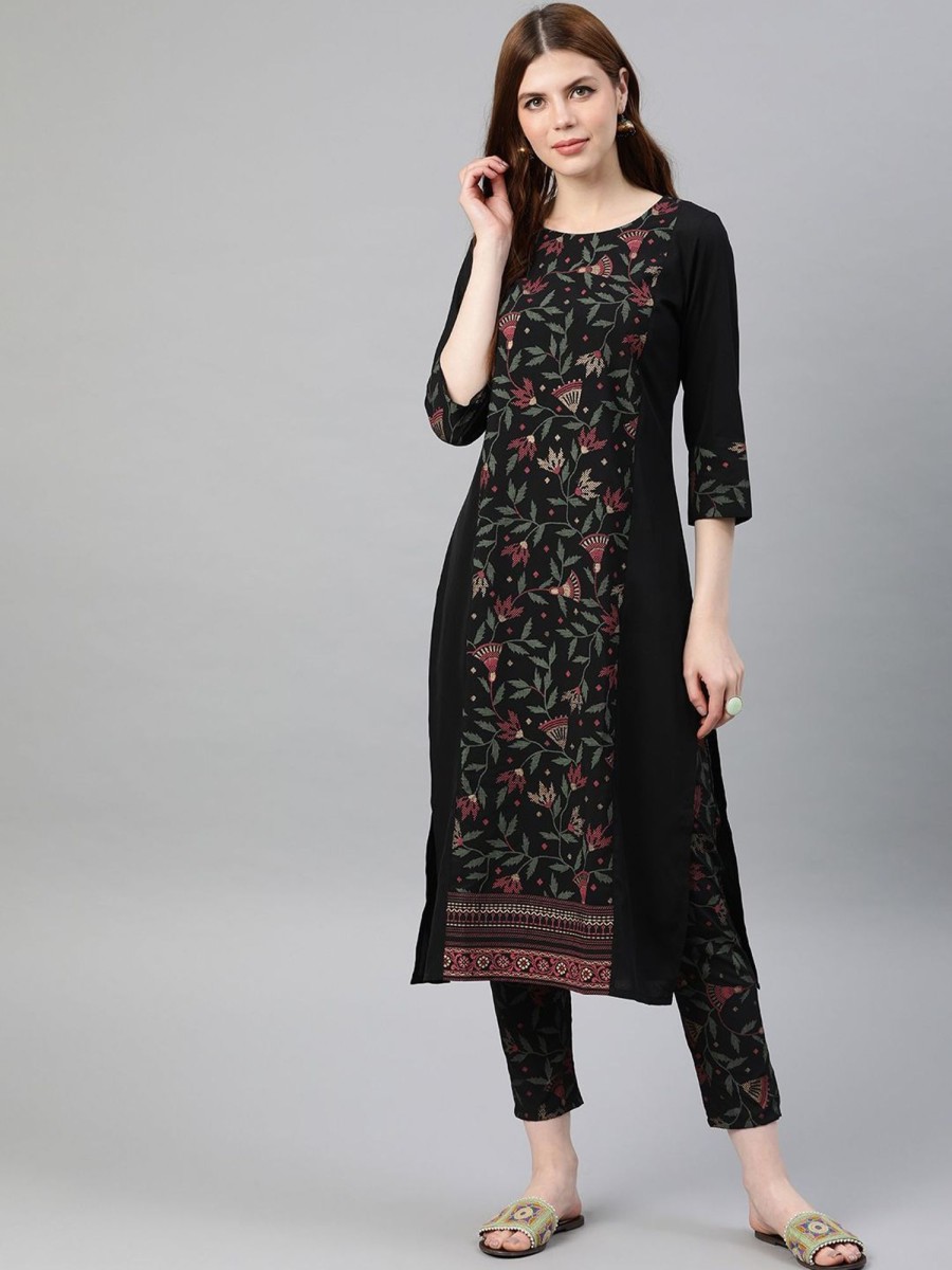 Women Ziyaa | Women'S Colour Foil Print Straight Crepe Kurta - Ziyaa Black