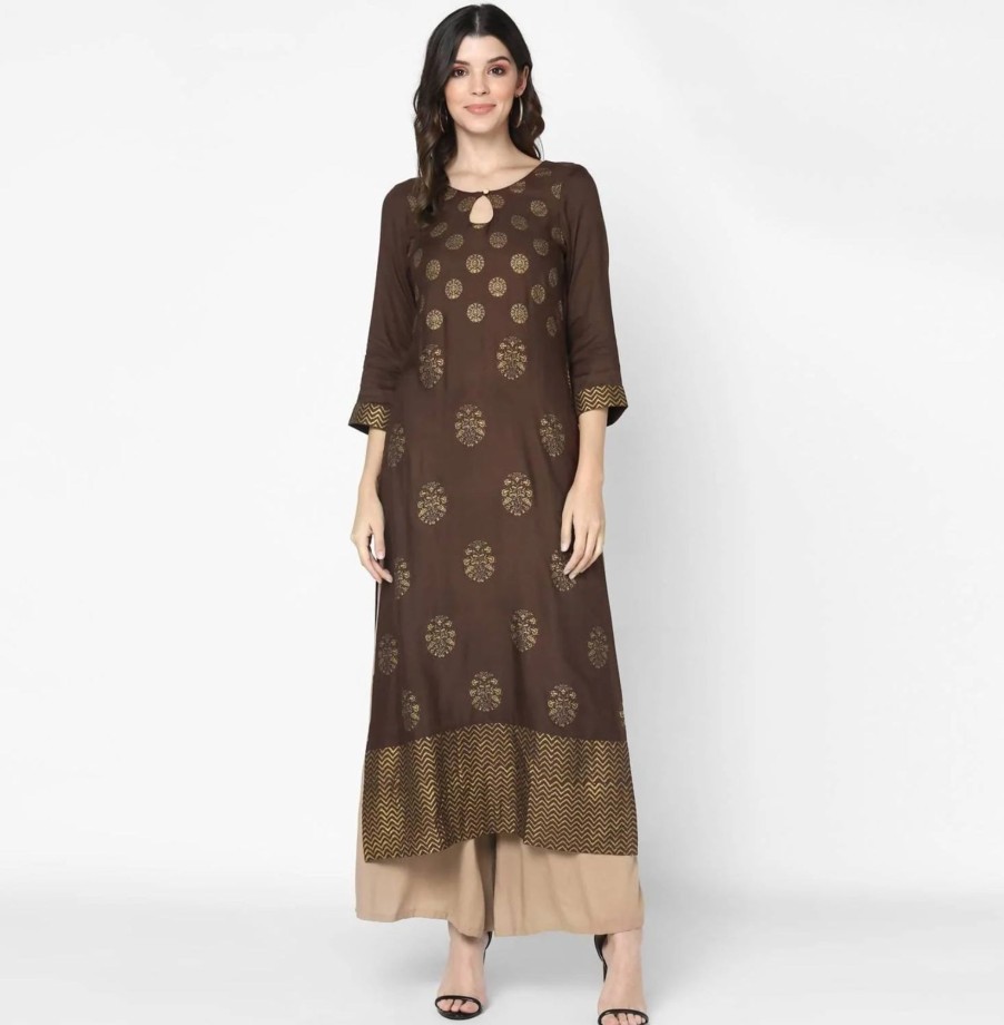 Women CHEERA | Women'S Brown 100% Cotton Hand Block Print A-Line Kurta Only - Cheera