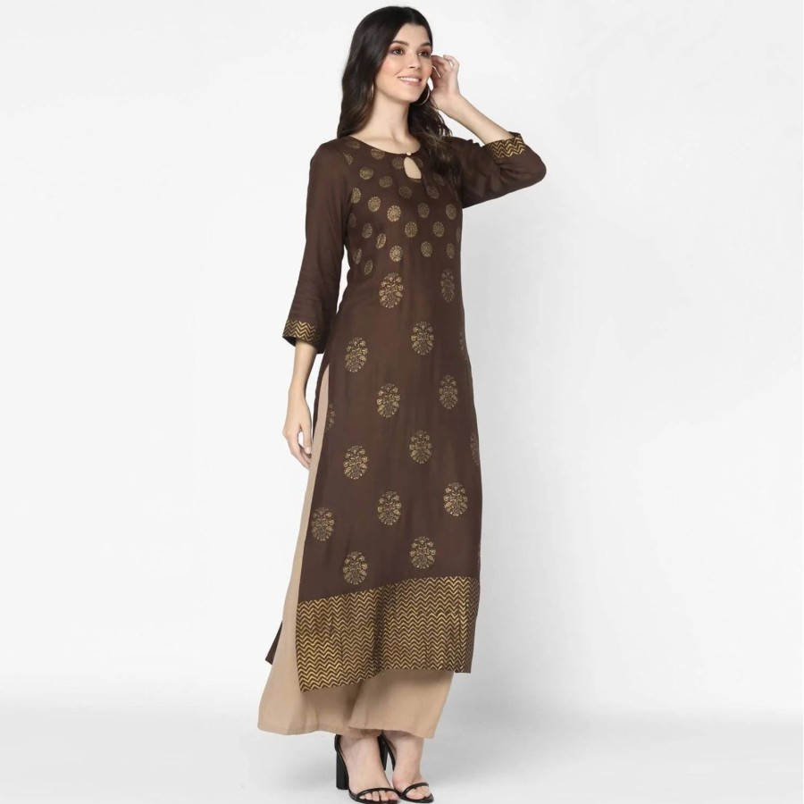 Women CHEERA | Women'S Brown 100% Cotton Hand Block Print A-Line Kurta Only - Cheera