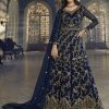 Women Monjolika | Women'S Navy Soft Net Semi Stitched Embroidered Designer Suit - Monjolika Blue