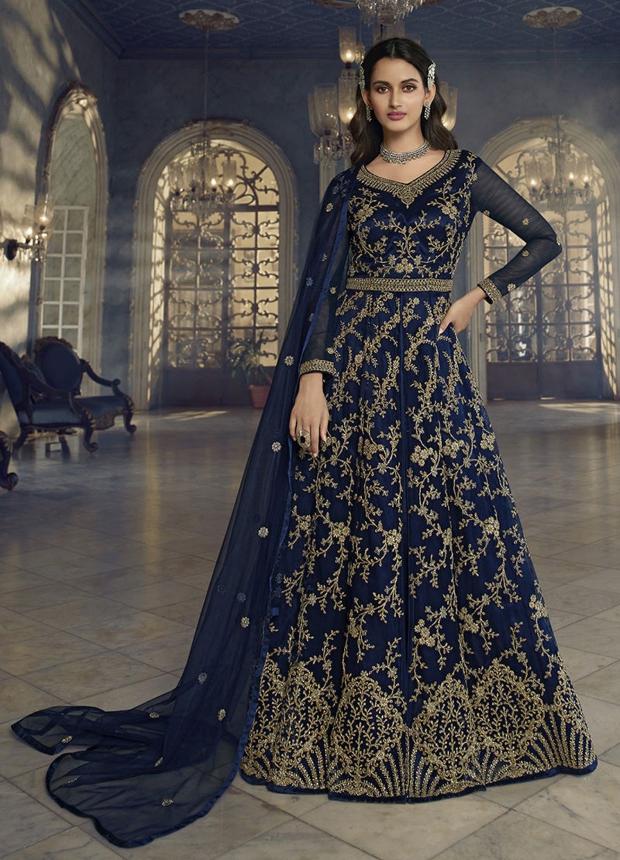 Women Monjolika | Women'S Navy Soft Net Semi Stitched Embroidered Designer Suit - Monjolika Blue