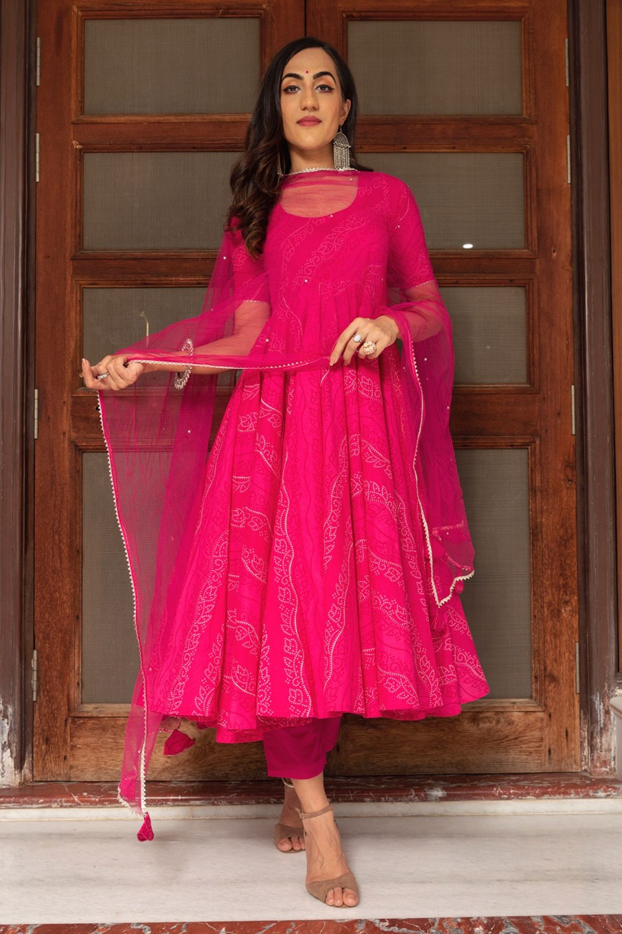 Women Pomcha Jaipur USA | Women'S Pink Anarkali Suit Set With Pants U0026 Dupatta (3Pcs Set) - Pomcha Jaipur Usa