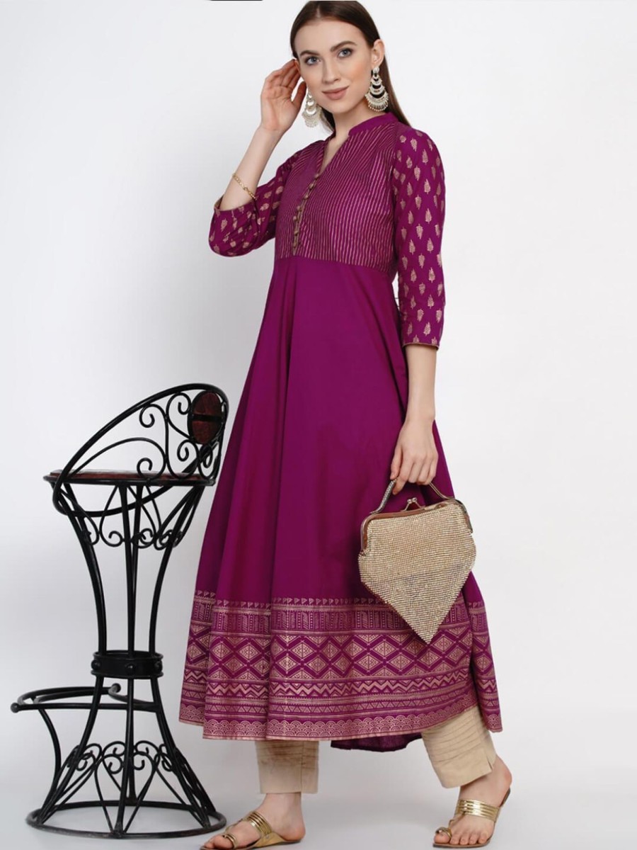 Women NOZ2TOZ | Women'S Mauve Cotton Anarkali With Ajrakh Hand Block Print - Noz2Toz