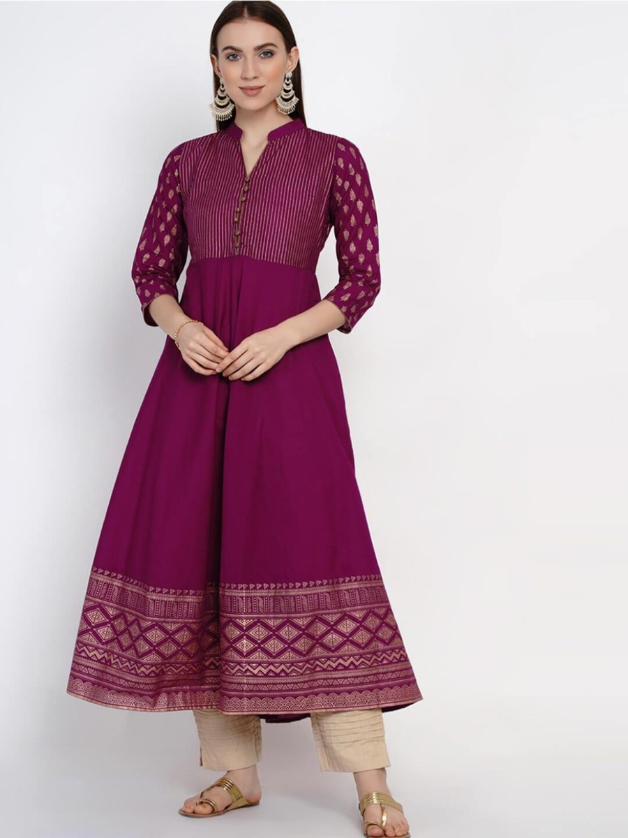 Women NOZ2TOZ | Women'S Mauve Cotton Anarkali With Ajrakh Hand Block Print - Noz2Toz