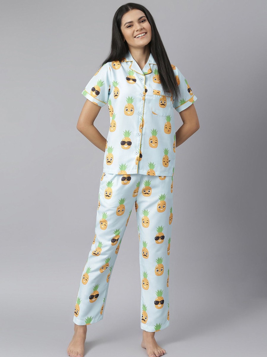 Women StyleStone | Women'S Funny Pineapple Digital Print Night Suit Set - Stylestone Blue