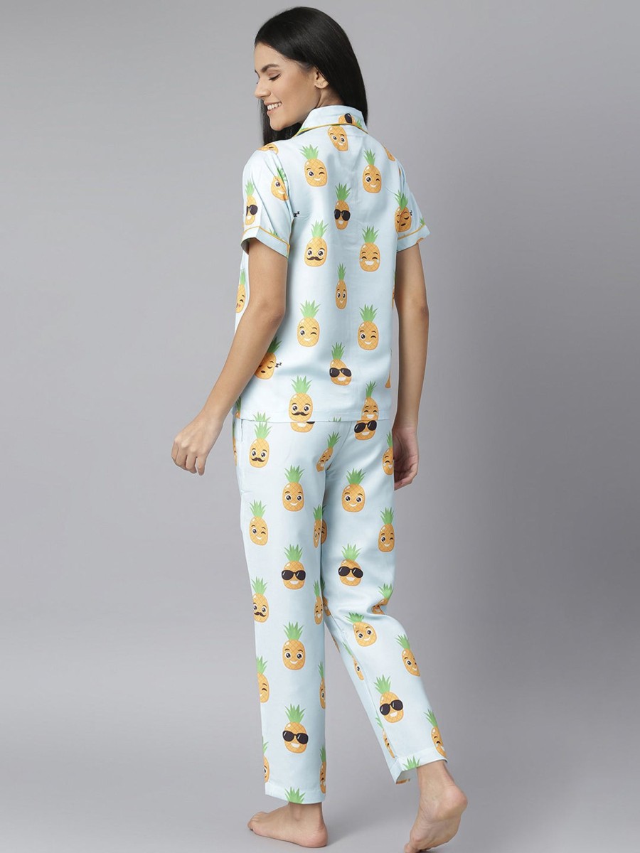 Women StyleStone | Women'S Funny Pineapple Digital Print Night Suit Set - Stylestone Blue