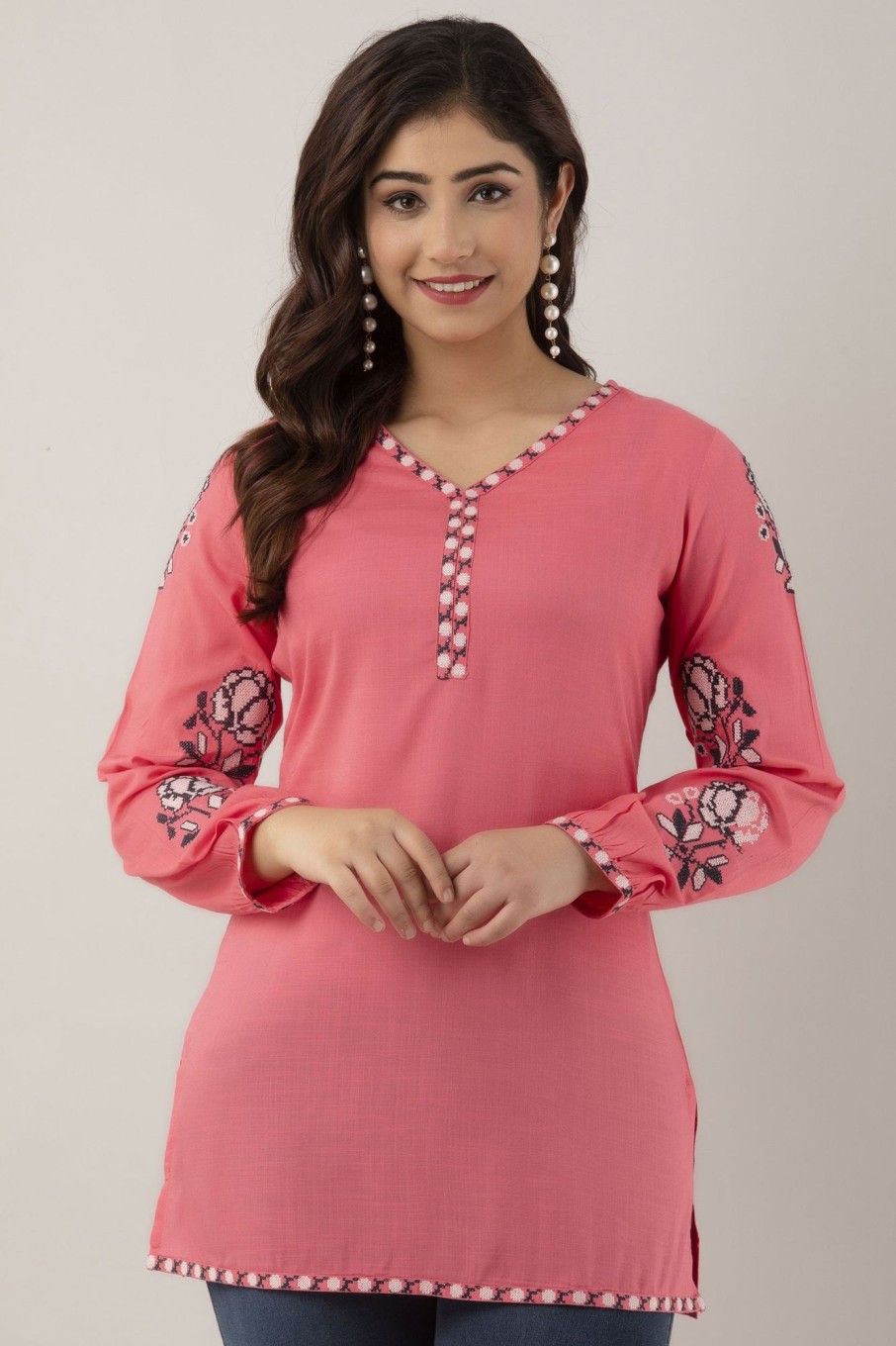 Women Charu | Women'S Embroidered Viscose Rayon Regular Top ( ) - Charu Peach