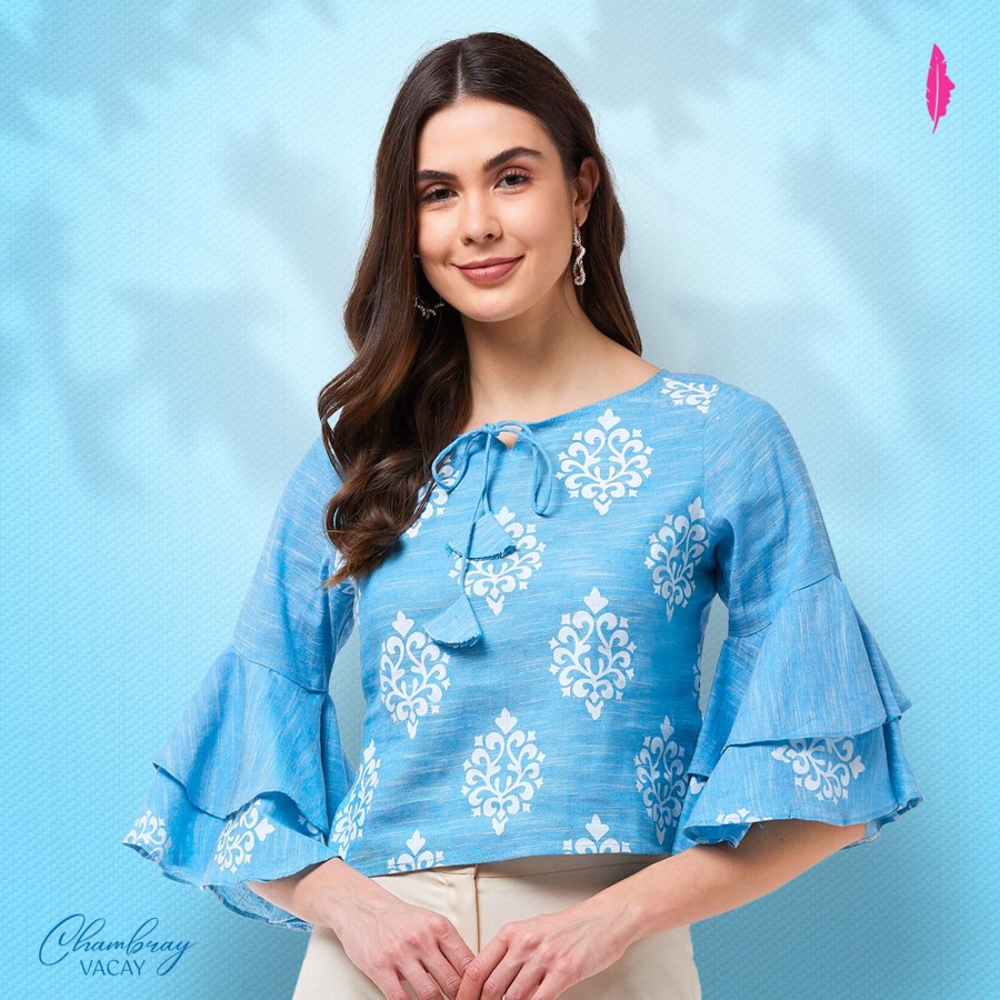 Women Pannkh | Women'S Block Printed Chambray Top With Bell Sleeves - Pannkh Blue