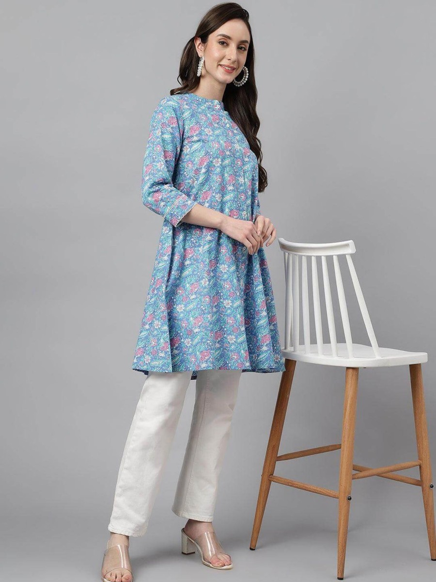 Women Janasya USA | Women'S Multicolor Cotton Botanical Print A-Line Tunic - Janasya Usa Multi Color