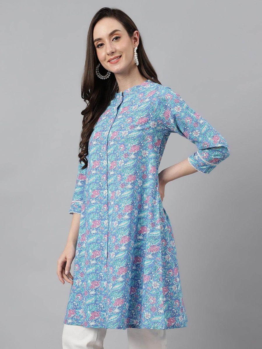 Women Janasya USA | Women'S Multicolor Cotton Botanical Print A-Line Tunic - Janasya Usa Multi Color