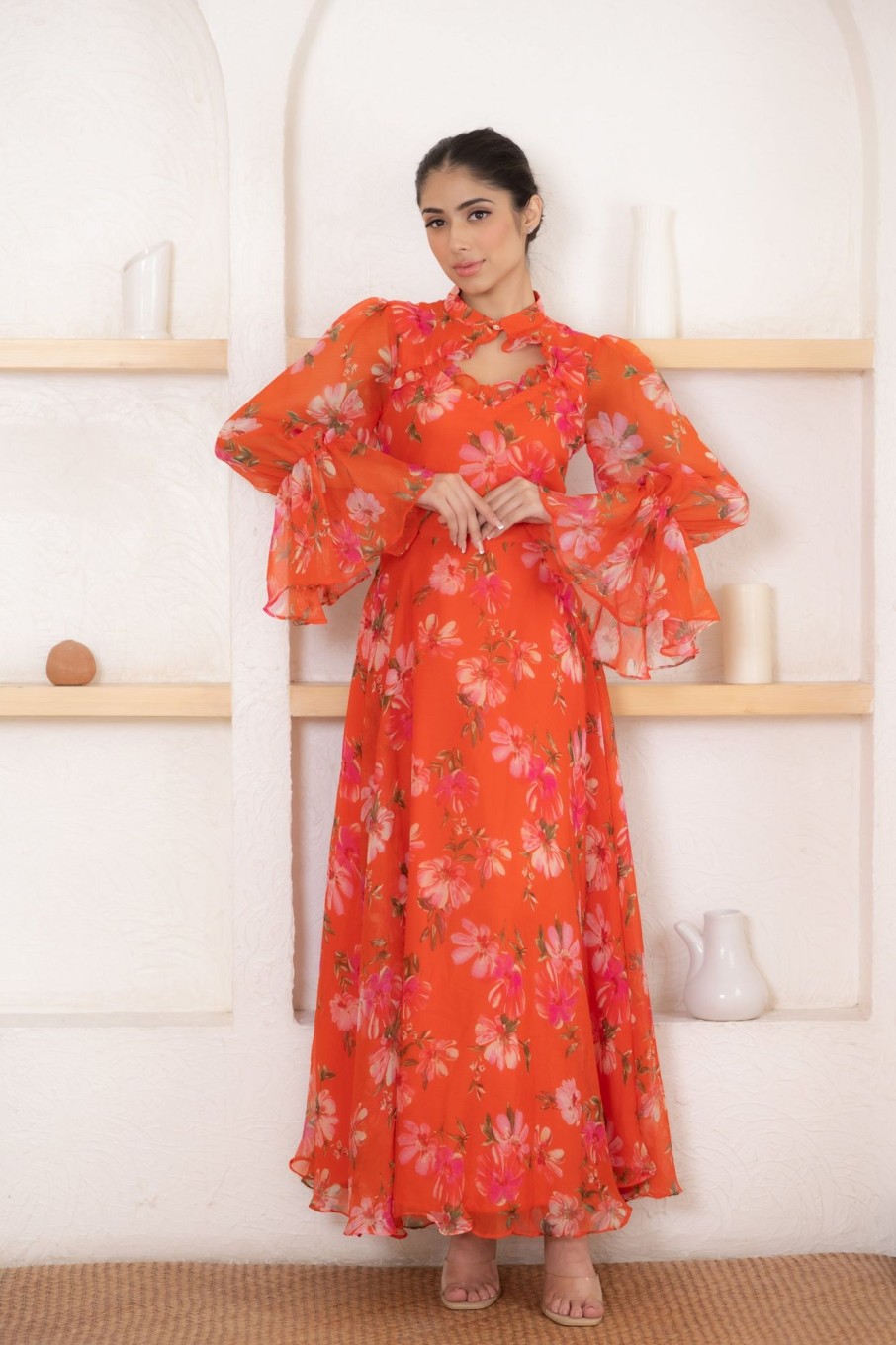 Women SARAS THE LABEL | Women'S Orange Flower Print Gown - Saras The Label