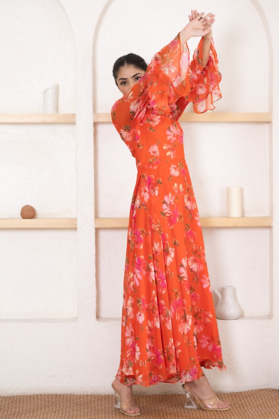 Women SARAS THE LABEL | Women'S Orange Flower Print Gown - Saras The Label