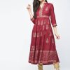 Women Aniyah | Women'S Block Printed Anarkali Kurta - Aniyah Maroon