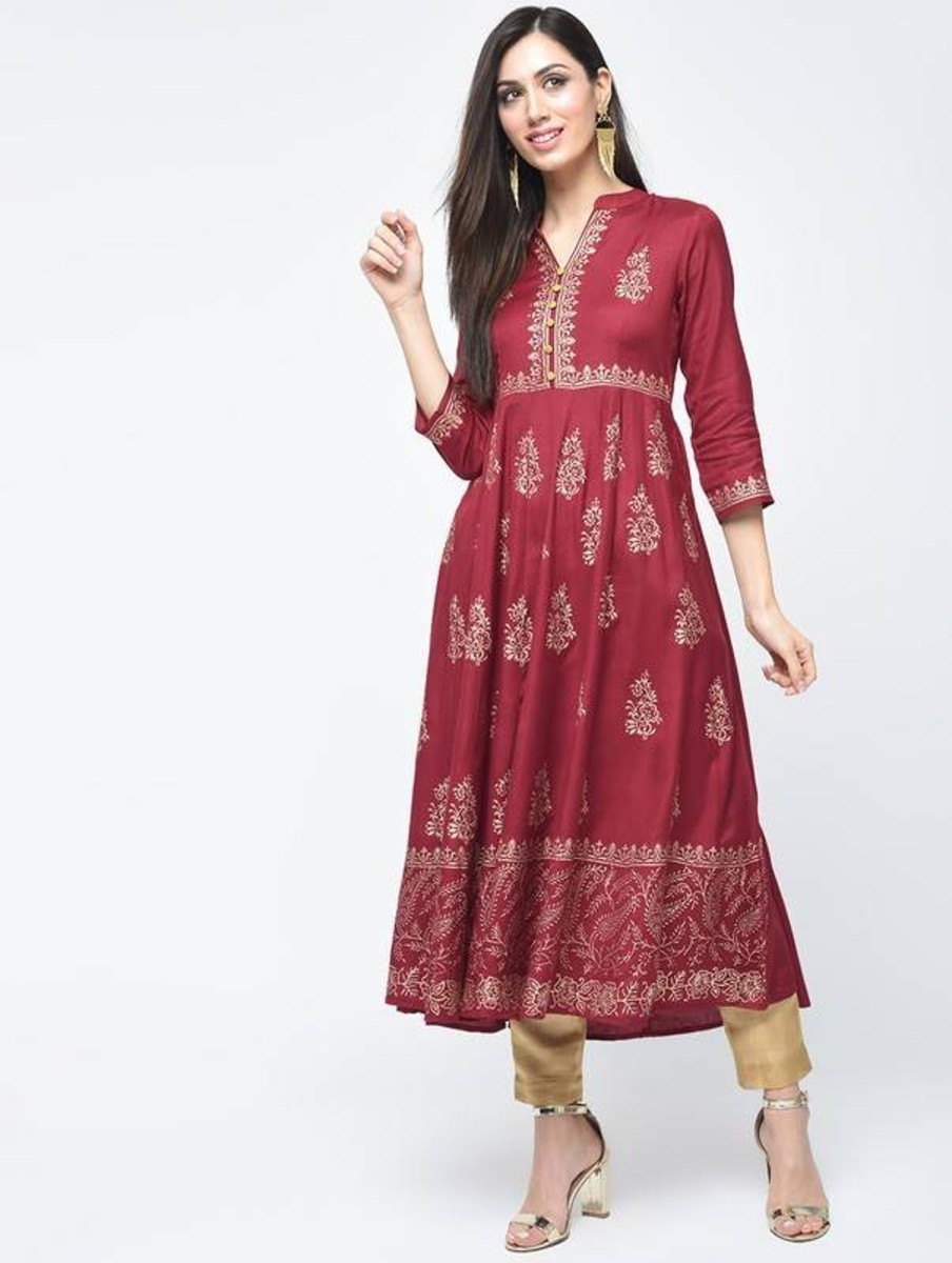 Women Aniyah | Women'S Block Printed Anarkali Kurta - Aniyah Maroon