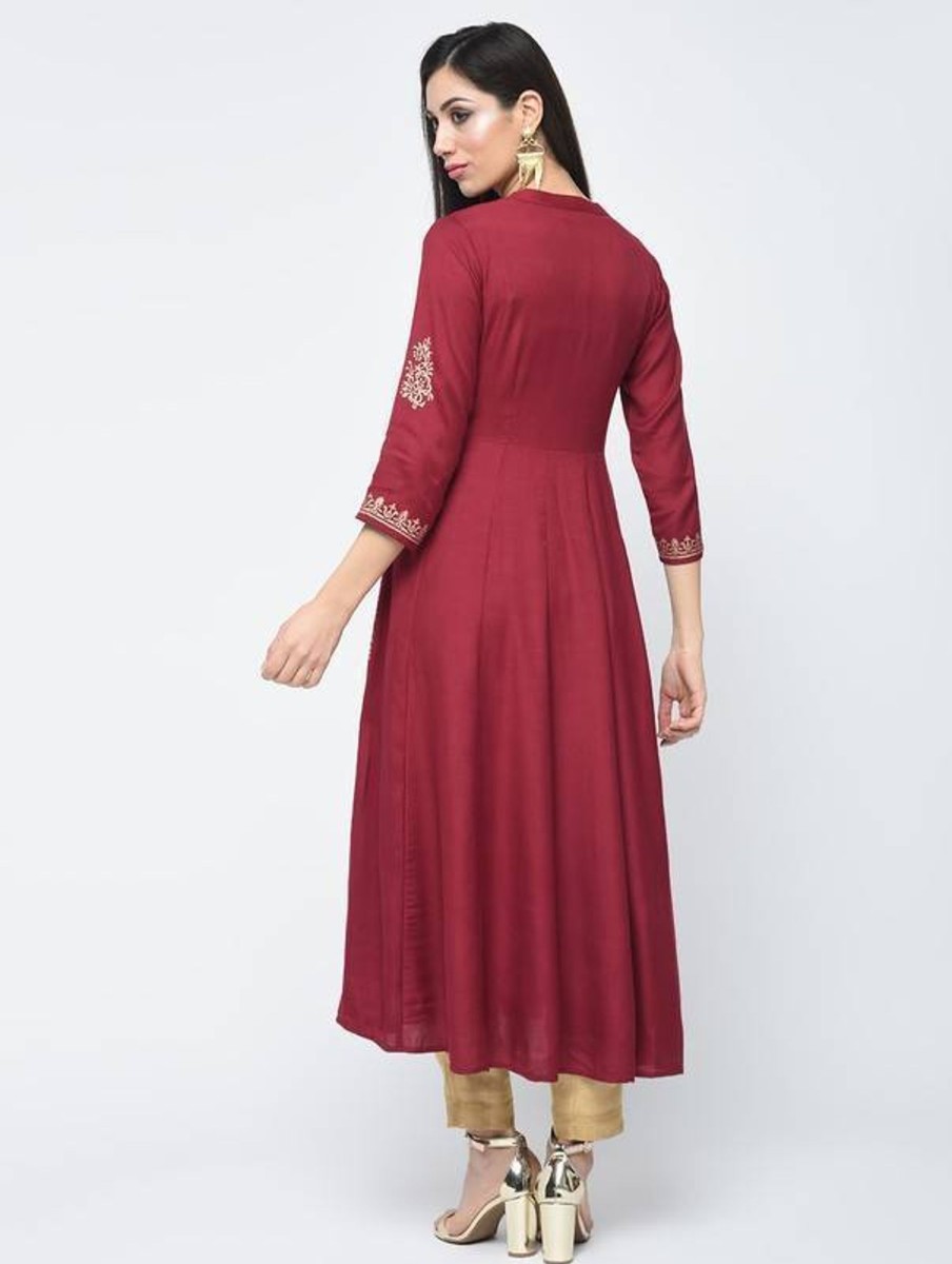 Women Aniyah | Women'S Block Printed Anarkali Kurta - Aniyah Maroon