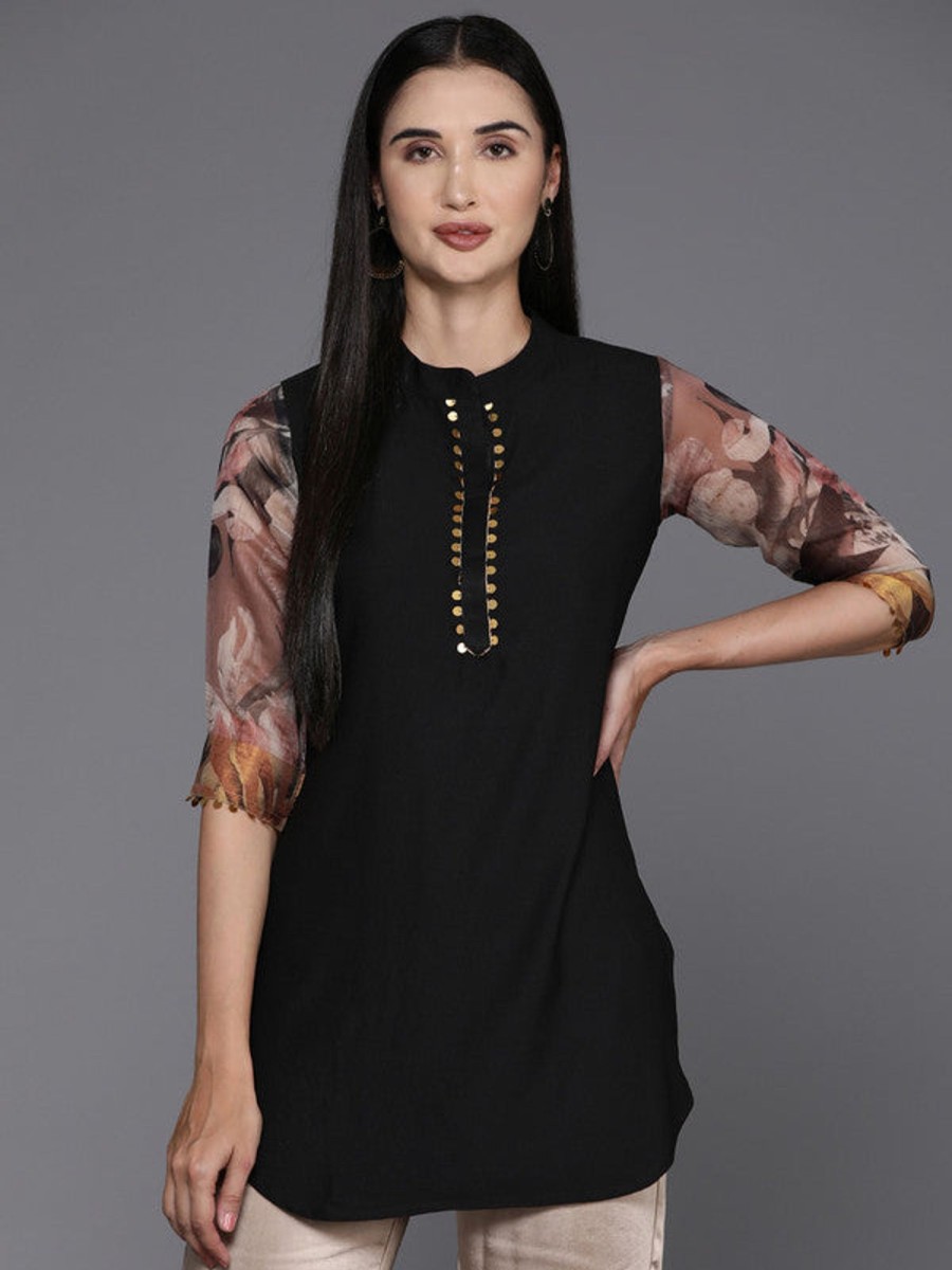 Women Ahalyaa | Women'S Mandarin Collar Printed Sequinned Tunic - Ahalyaa Black