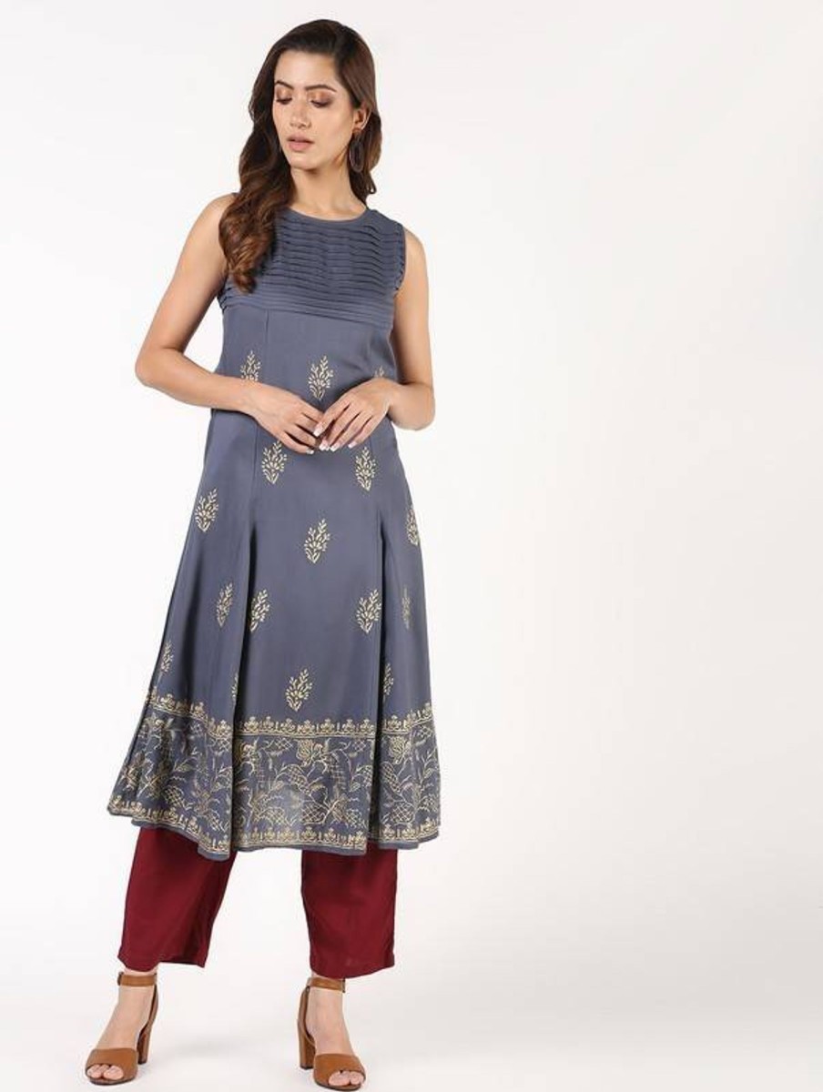 Women Aniyah | Women'S Block Print Flared Kurta - Aniyah Grey