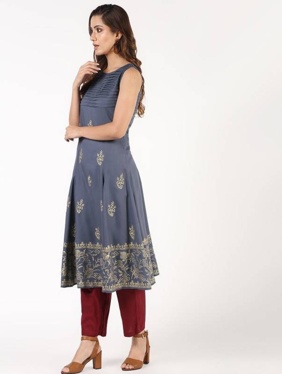 Women Aniyah | Women'S Block Print Flared Kurta - Aniyah Grey