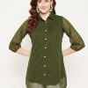 Women BitterLime | Women'S Olive Solid Shirt Collar Dobby Tunic - Bitterlime Green