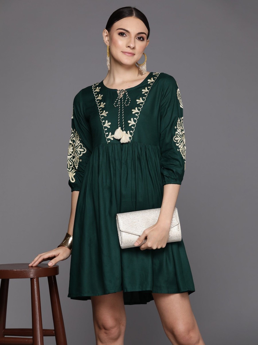 Women Indo Era | Women'S Embroidered A-Line Ethnic Dress - Indo Era Green