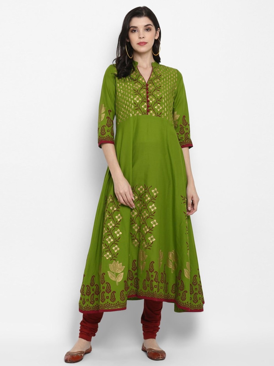 Women NOZ2TOZ | Women'S Green Cotton Printed Anarkali Kurti With Block Print (1 Pc) - Noz2Toz