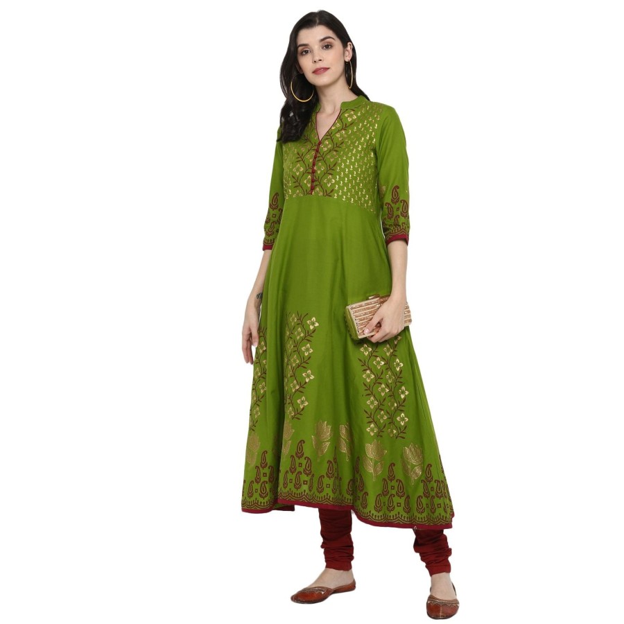 Women NOZ2TOZ | Women'S Green Cotton Printed Anarkali Kurti With Block Print (1 Pc) - Noz2Toz