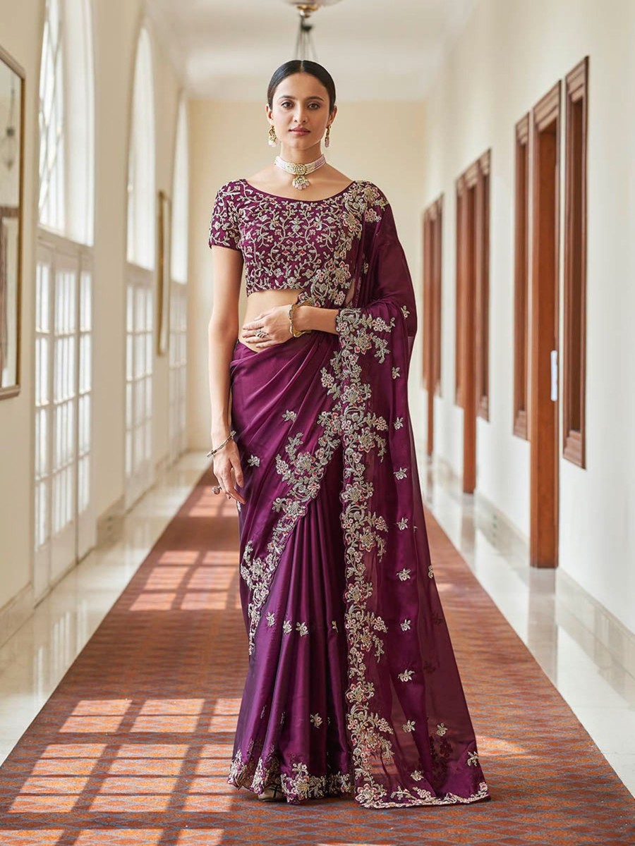 Women Myracouture | Women'S Purple Embroidered Crepe Fancy Saree-Myracouture